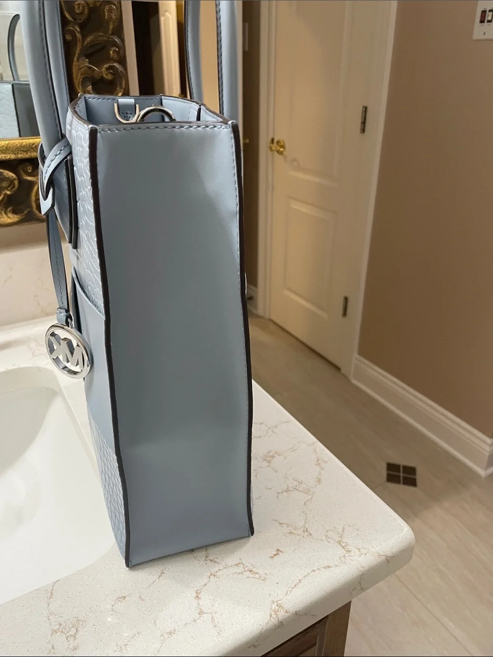 Michael Kors Gray/Blue Patchwork Croc-Embossed Tote with Pouch